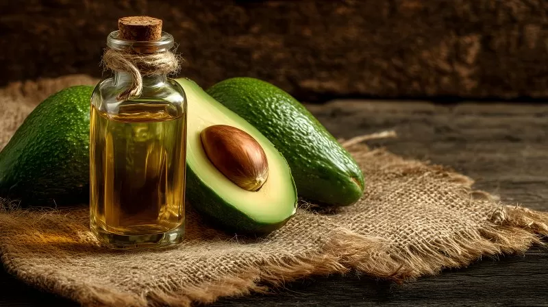 Avocado mit Flasche Avocadoöl auf rustikalem Stoffuntergrund