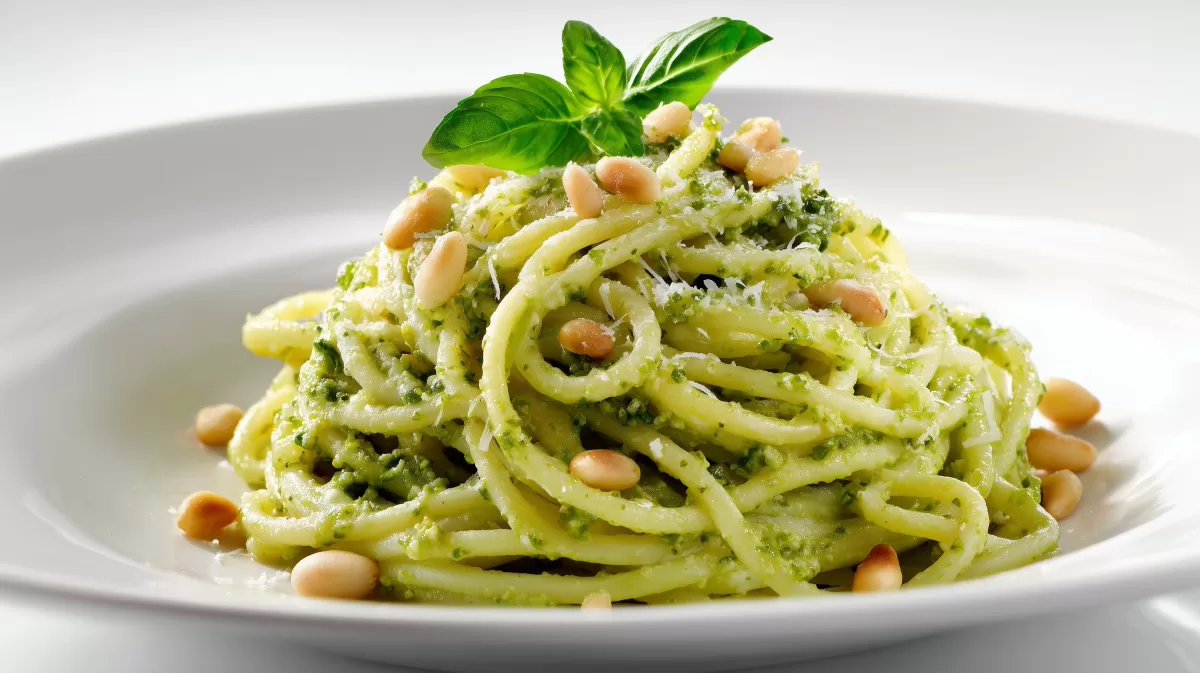 Avocado Pesto Pasta mit Pinienkernen auf Teller