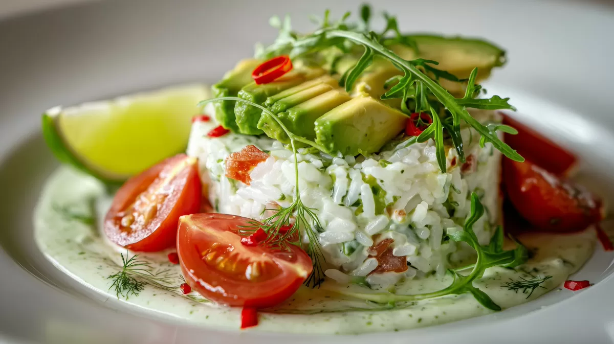 Avocado Reissalat mit Kräutercreme und Tomaten