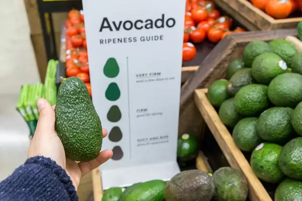 Avocado Ripeness Guide: Man hält eine grüne Avocado in der Hand und bestimmt den Reifegrad im Biosupermarkt Whole Foods Market