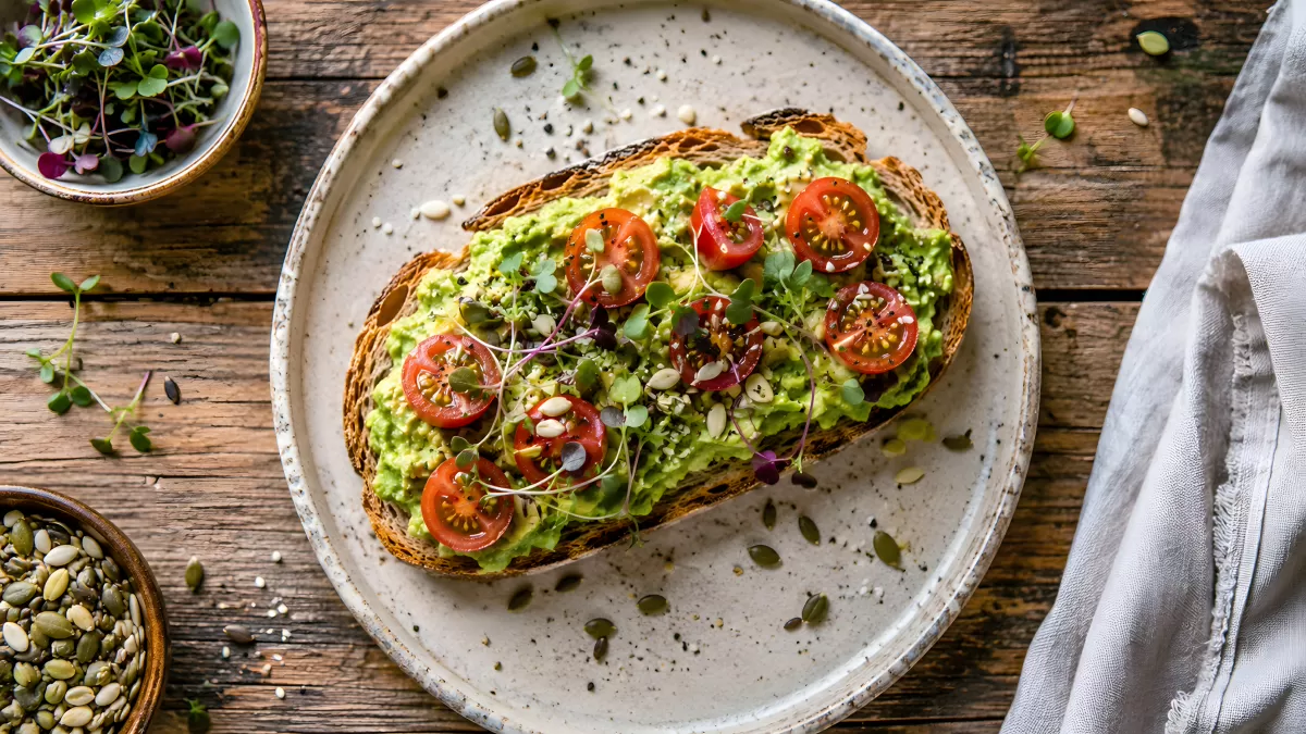 Avocado-Toast mit Kirschtomaten und Microgreens