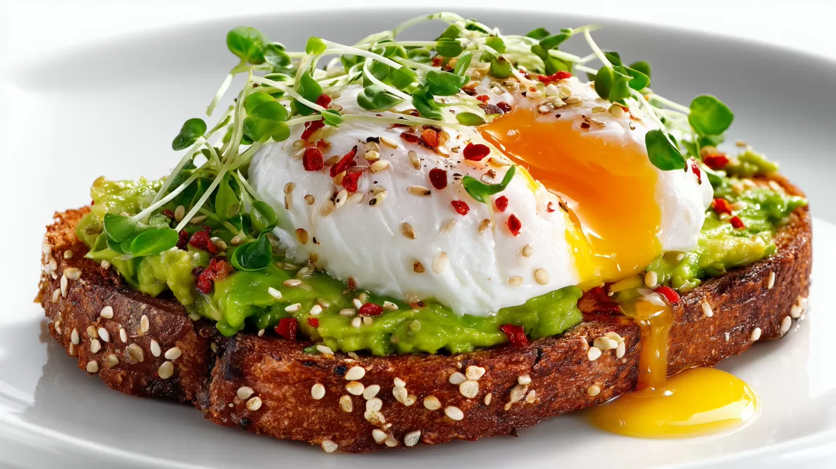 Avocado Toast mit pochiertem Ei photorealistisch auf Teller