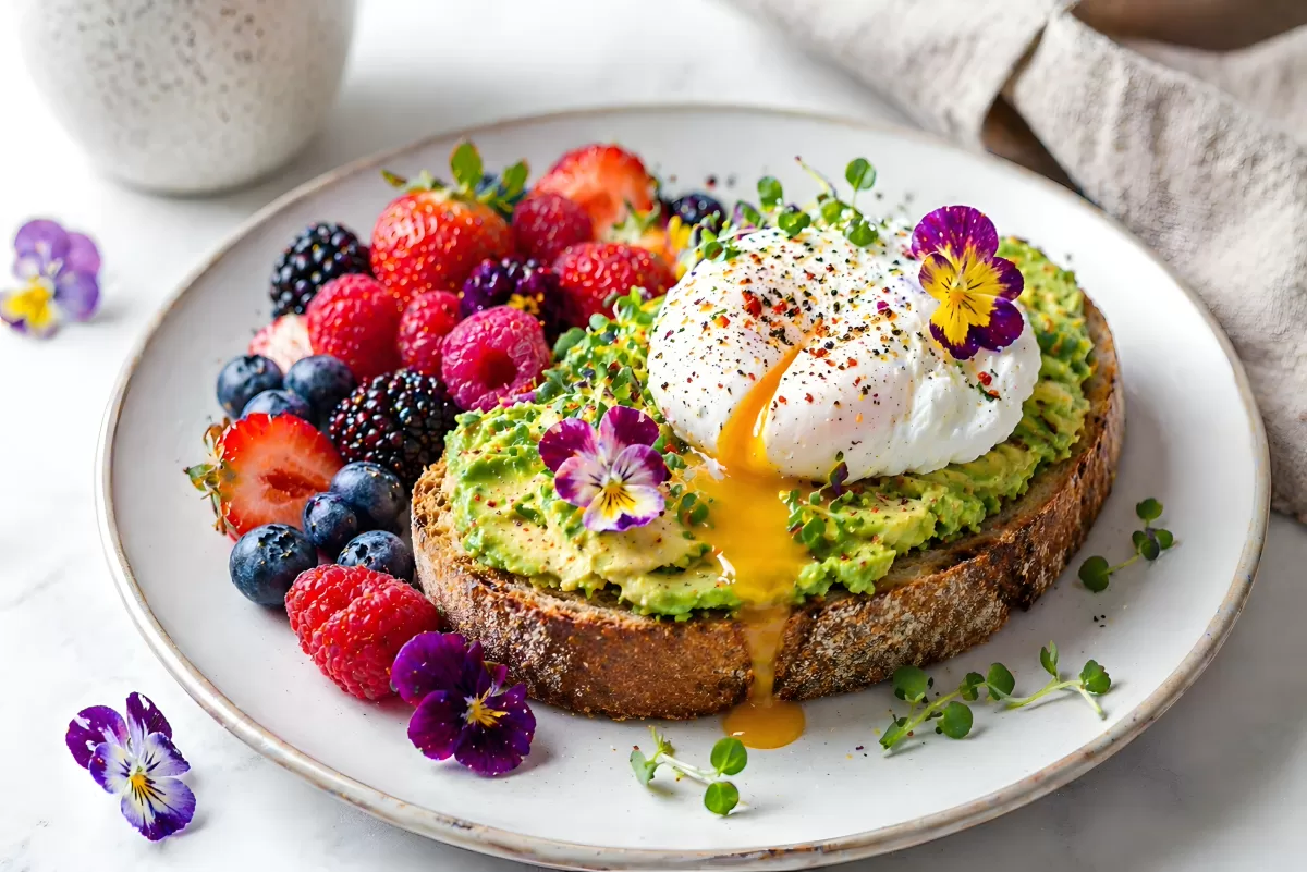 Avocado-Toast mit pochiertem Ei und frischen Beeren