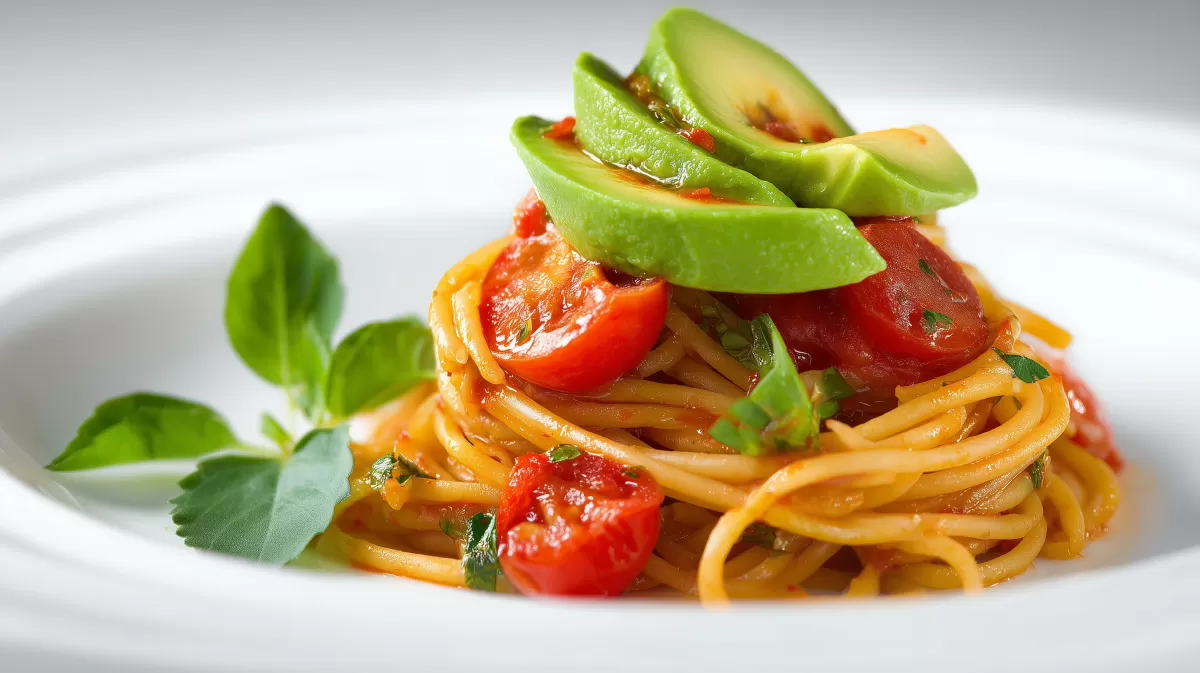 Avocado Tomaten Nudeln mit Basilikum auf Teller