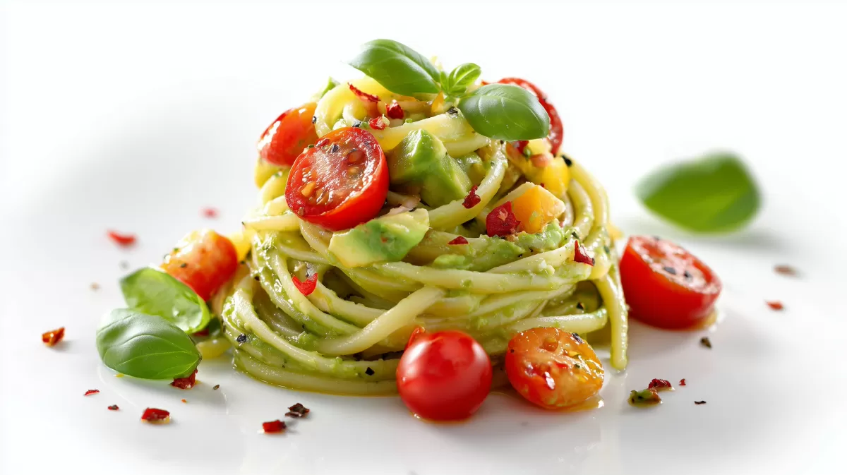 Avocado Tomaten Pasta mit Cherrytomaten und Basilikum