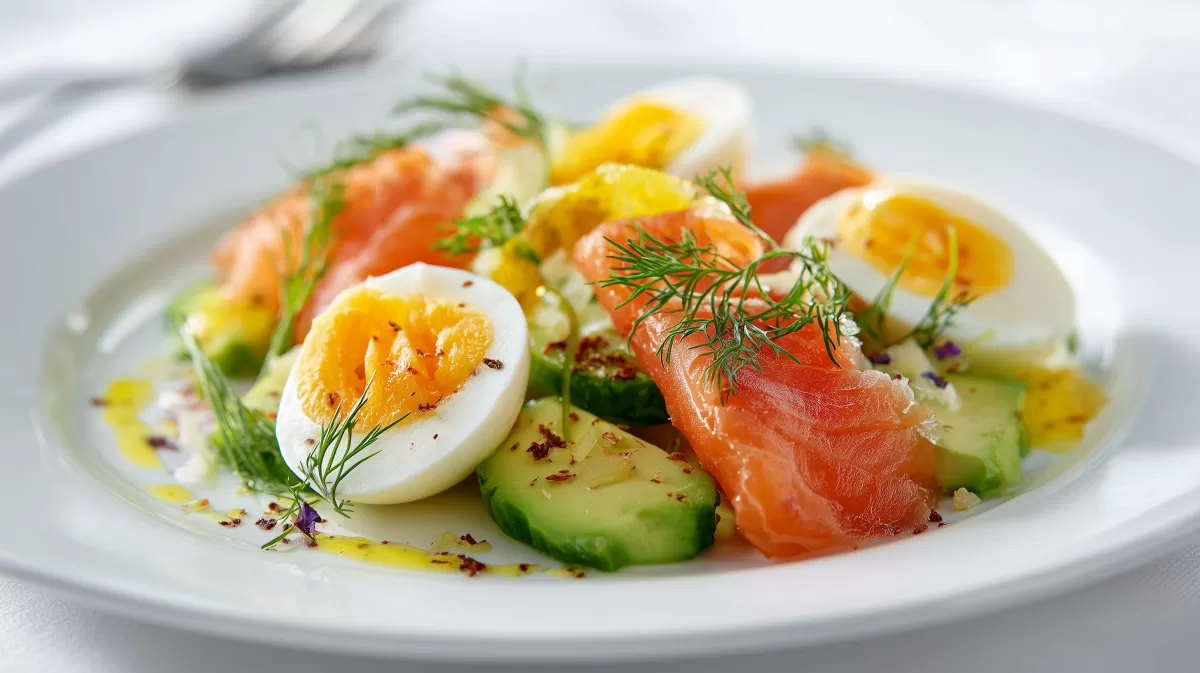 Avocadosalat mit geräuchertem Lachs und Ei