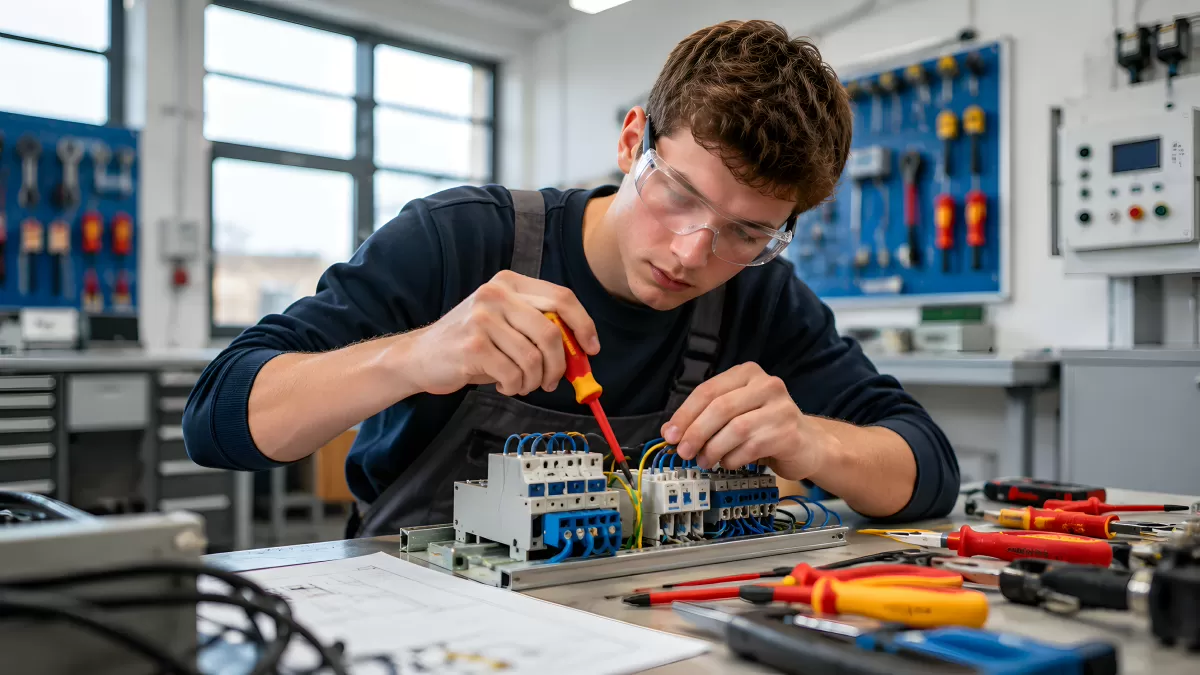 Azubi verdrahtet Schalttafel in Elektrowerkstatt