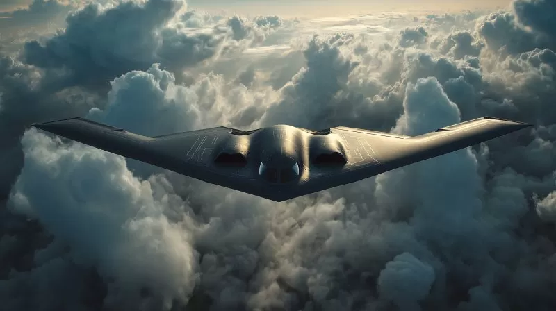 B2 Tarnkappenbomber fliegt über Wolken bei Tageslicht