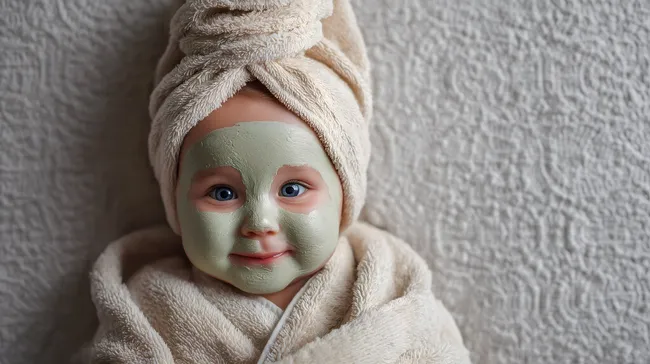 Baby mit Gesichtsmaske und Handtuch, Wellness-Porträt