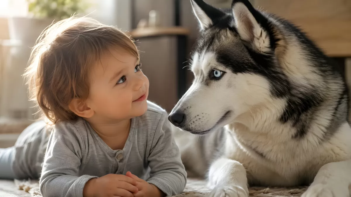 Baby und Husky schauen sich neugierig an