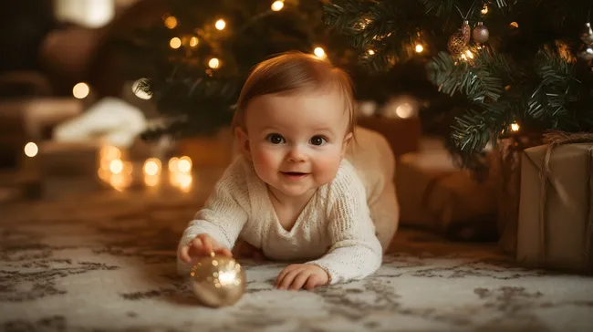 Baby unter festlichem Weihnachtsbaum mit Christbaumkugel