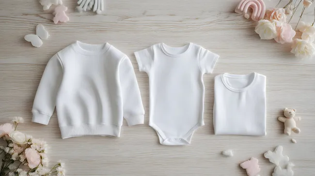 Babybekleidung Flatlay auf Holzuntergrund