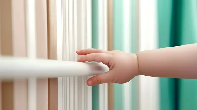Babyhand greift nach metallischem Gitter vor farbigem Hintergrund