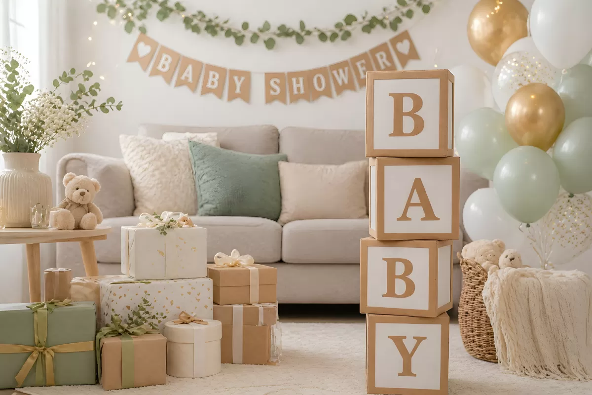 Babyparty-Dekoration mit Geschenken und Luftballons