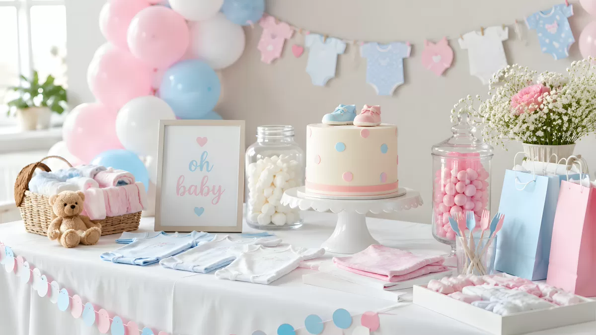 Babyparty-Tisch mit Torte, Deko und Geschenken