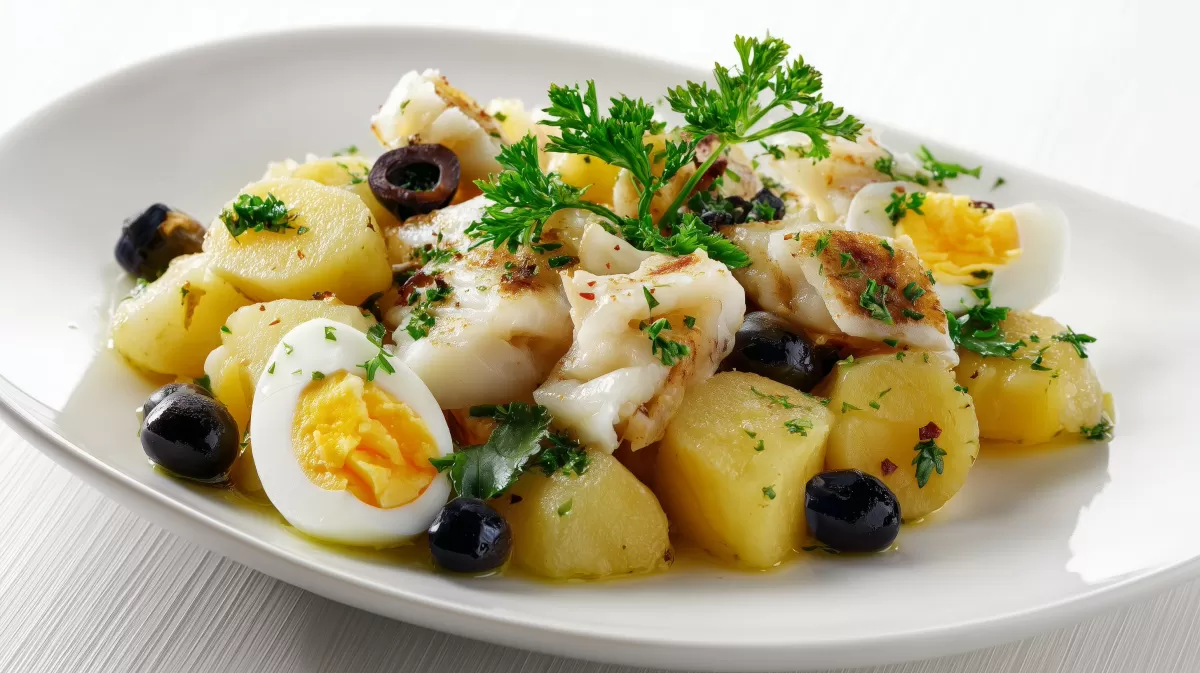 Bacalhau auf Kartoffeln mit Oliven – portugiesisch
