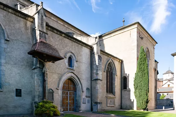 Back entrance to the Swiss church Pfarrei St. Theodul in Sion, Switzerland