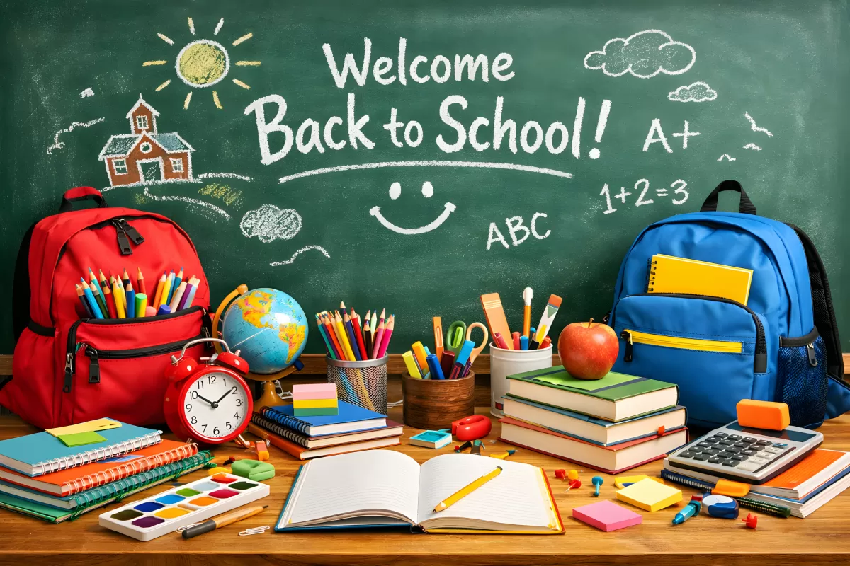 Back to School mit Schultasche und Schreibwaren