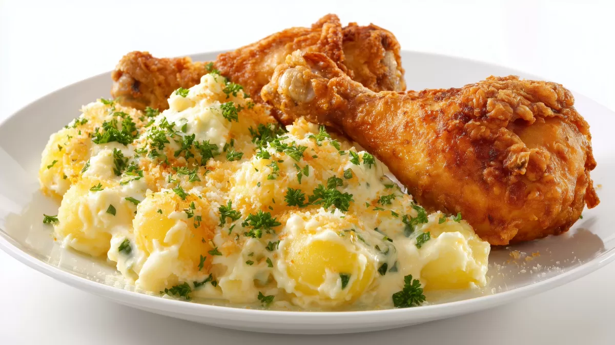 Backhendl mit Kartoffelauflauf auf weißem Teller