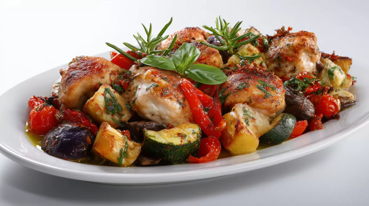 Backofen Hühnchen auf Gemüse mit Kräutern