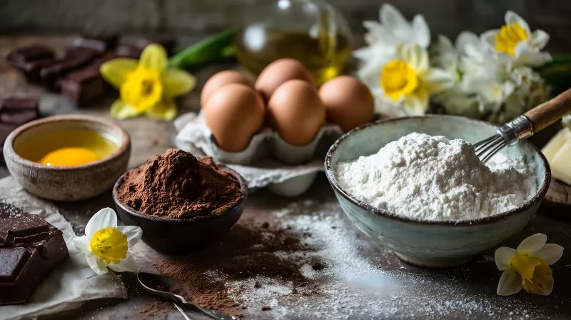 Backzutaten mit Frühlingsblumen