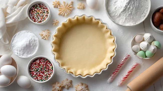 Backzutaten und Weihnachtsdekorationen auf Arbeitsfläche