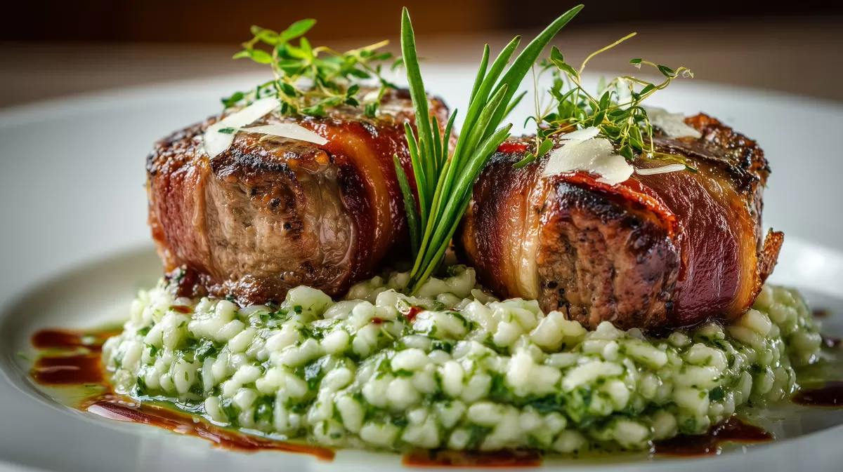 Bacon Lamm auf cremigem Bärlauchrisotto angerichtet