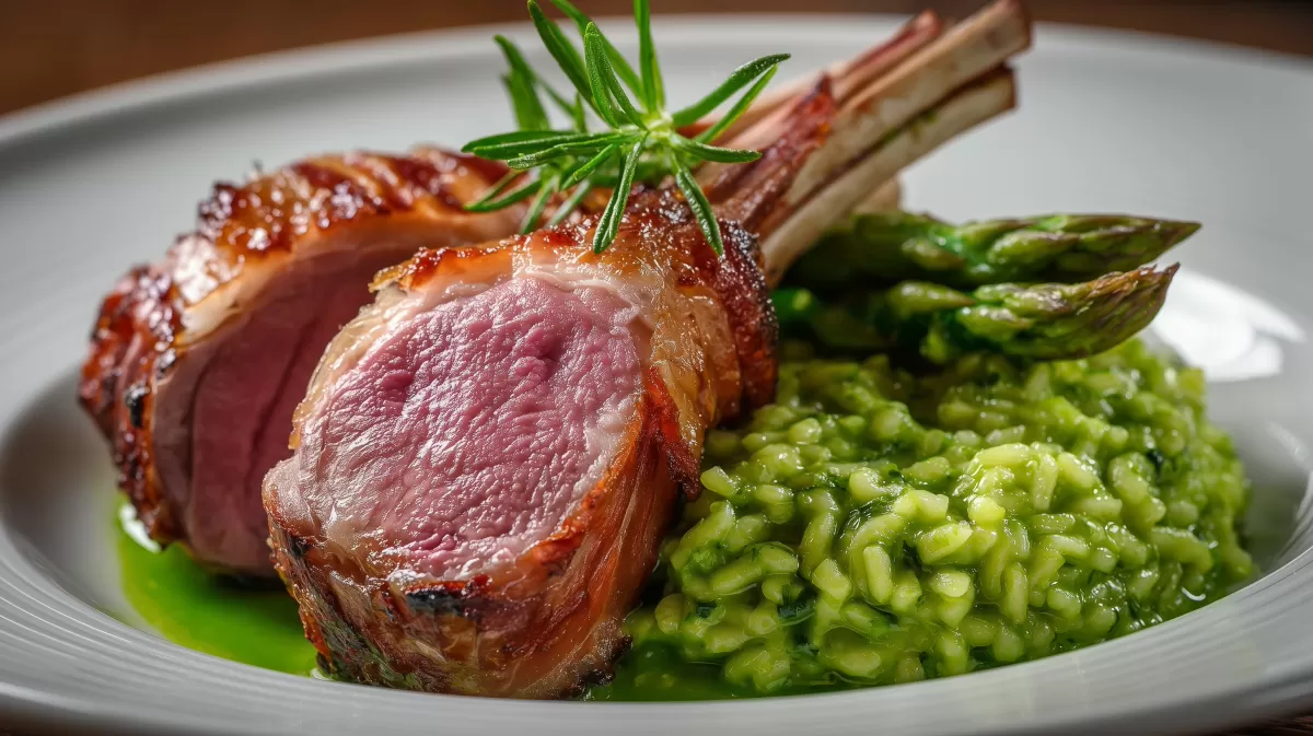 Bacon Lamm mit Bärlauchrisotto und Spargel