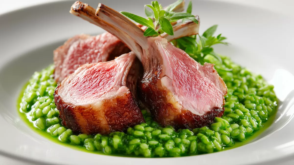 Bacon Lamm mit grünem Bärlauchrisotto auf Teller
