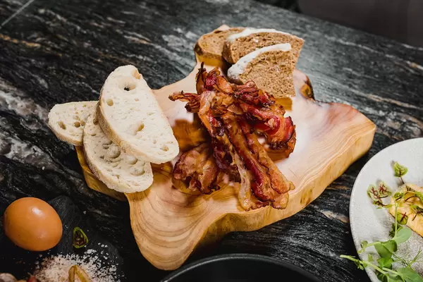 Bacon Photography On Wooden Plate With Bread