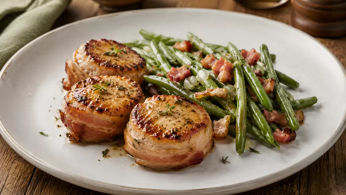 Bacon-umwickelte Schweinemedaillons mit grünen Bohnen