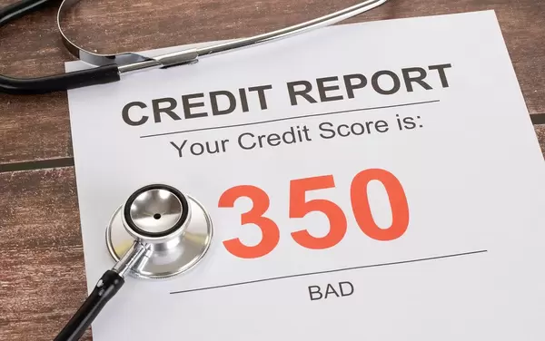 Bad credit score of 350 with stethoscope on wooden table