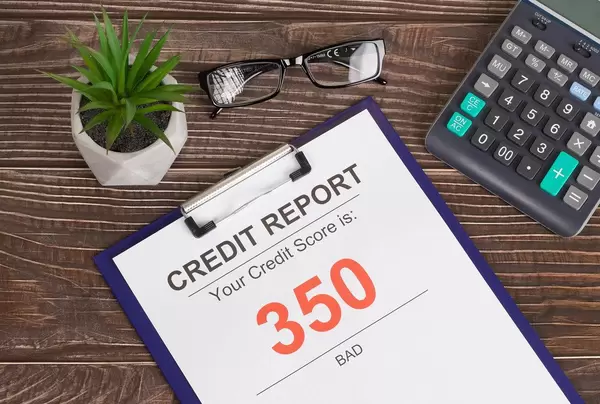 Bad credit score report of 350 on office table