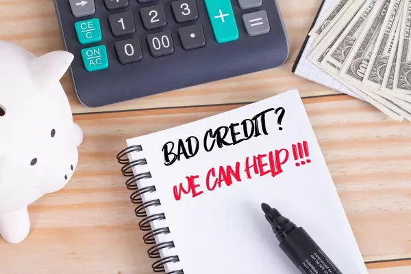 Bad credit? We can help! text in notebook with piggy bank and calculator on wooden table