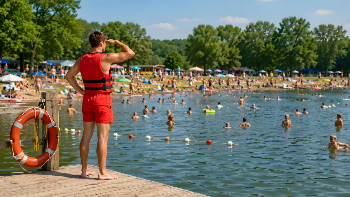 Bademeister bewacht belebten Strandsee im Sommer