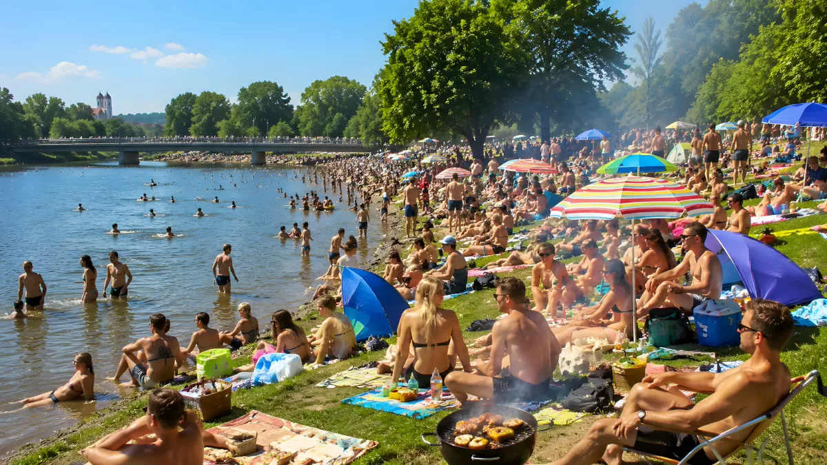 Badende Menschen am Flussufer an einem Sommertag