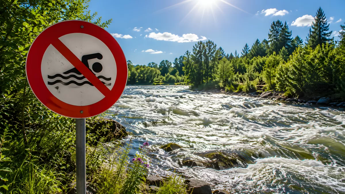 Badeverbotschild an Flüssen wie dem Rhein