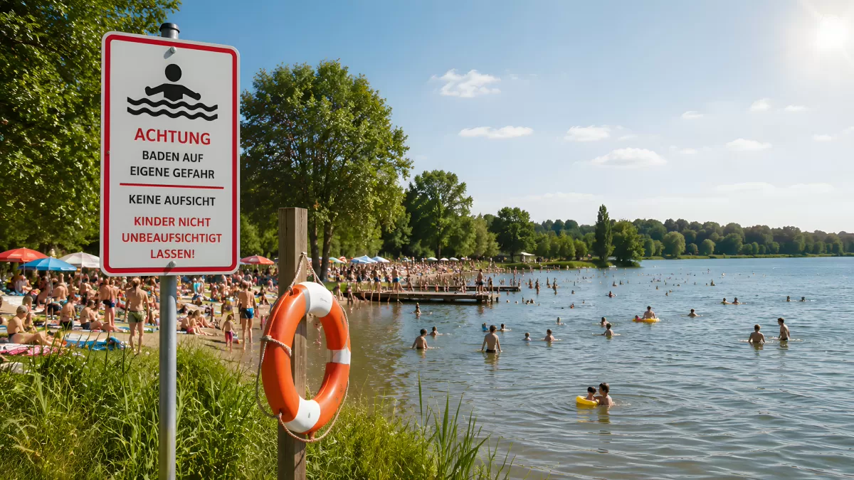 Badewarnung am See mit Rettungsring im Sommer