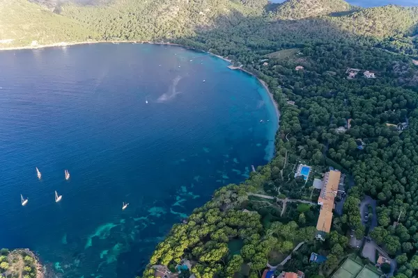 Badia de Pollença, Cala Pi de la Posada: drone shot of pine-covered bay and Hotel Formentor, Majorca