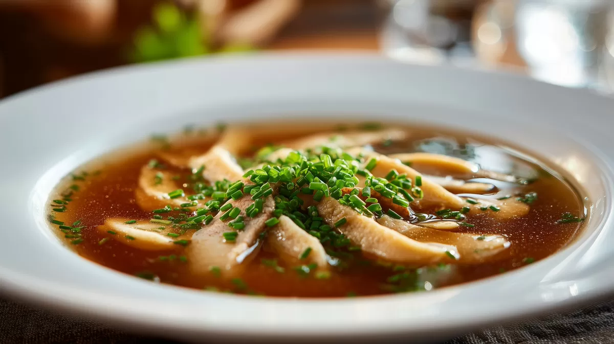 Badische Flädlesuppe mit Rinderbrühe und Schnittlauch