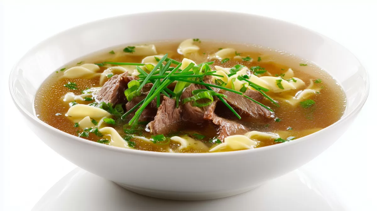 Badische Fldlesuppe mit Rinderbrühe und Schnittlauch