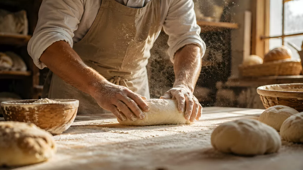 Bäcker bearbeitet Brotteig in alter Backstube