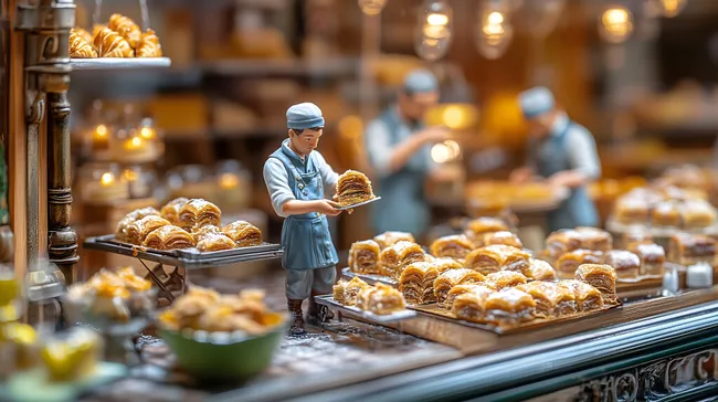 Bäcker dekoriert frisch gebackene Baklava in einer Bäckerei