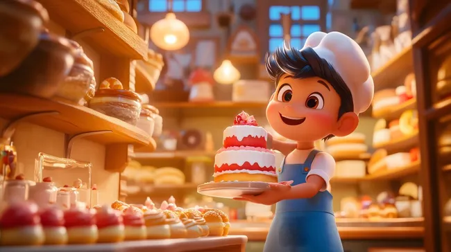 Bäcker dekoriert liebevoll Torte in traditioneller Backstube