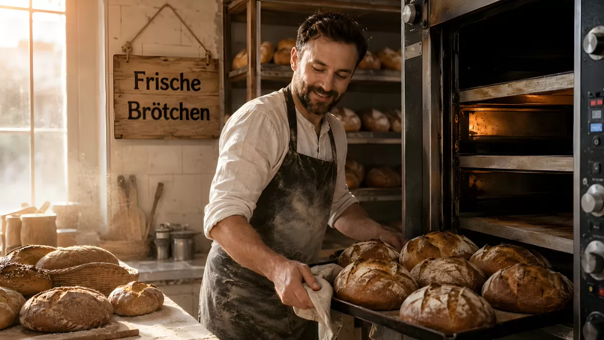 Bäcker entnimmt frische Brote aus dem Ofen
