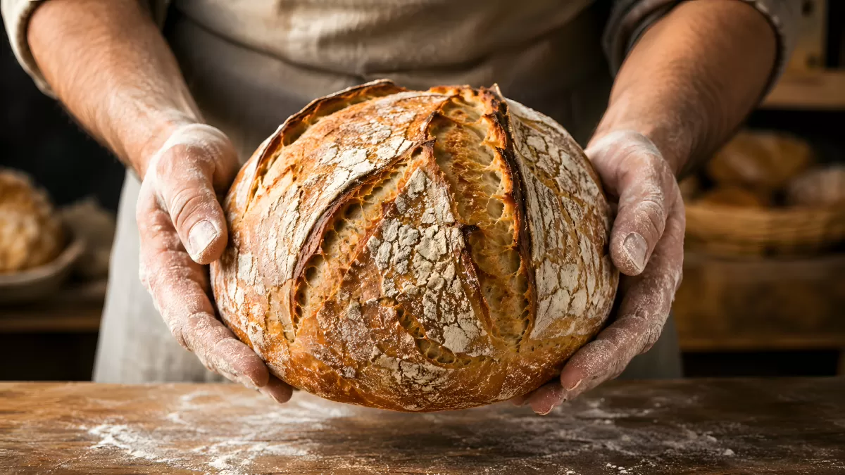 Bäcker hält frisch gebackenes Sauerteigbrot in Händen