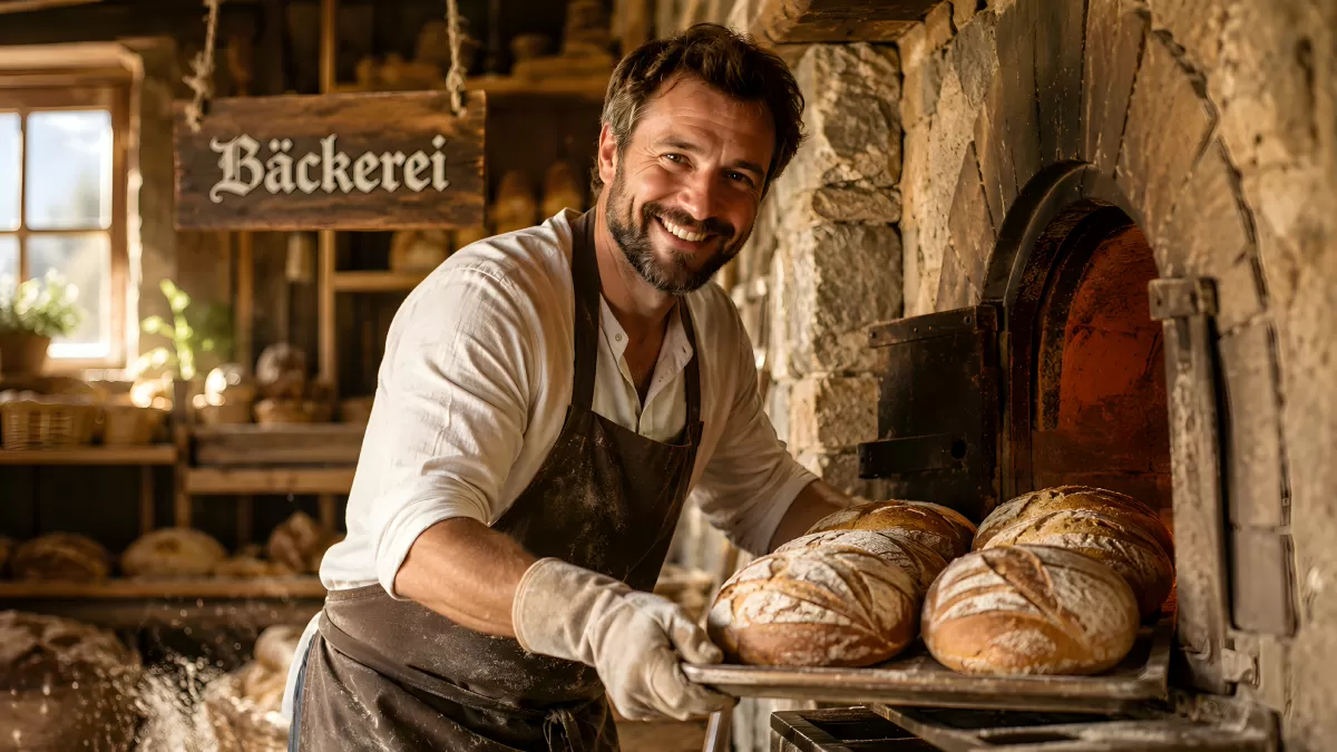 Bäcker holt frische Brotlaibe aus dem Steinofen