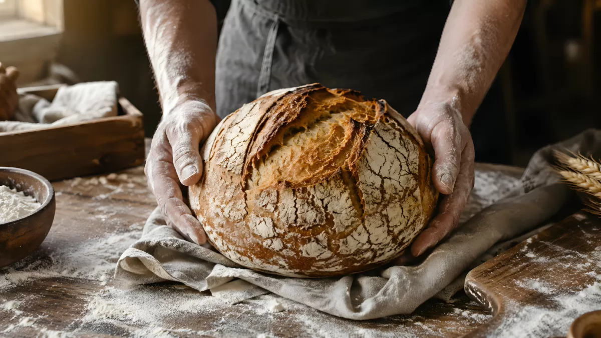 Bäcker präsentiert frisch gebackenes Sauerteigbrot