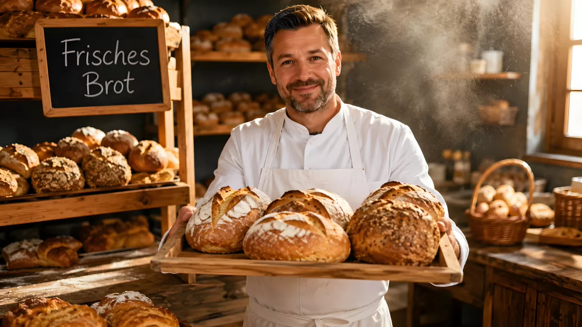 Bäcker präsentiert frische Brote in rustikaler Bäckerei