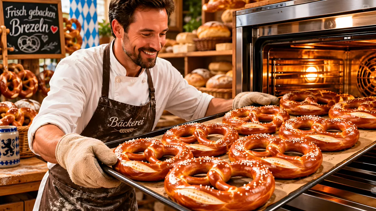 Bäcker zieht frische Brezeln aus dem Ofen in Bäckerei